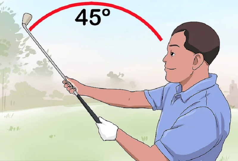Golfer giữ gậy ở góc 45 độ thẳng ra trước mặt